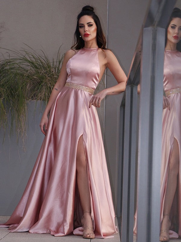 A-Line Halter Satin Sleeveless Ruffled Dress - Chloe Dress