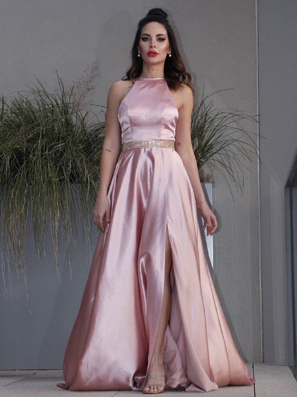 A-Line Halter Satin Sleeveless Ruffled Dress - Chloe Dress