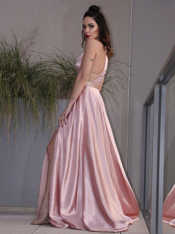 A-Line Halter Satin Sleeveless Ruffled Dress - Chloe Dress