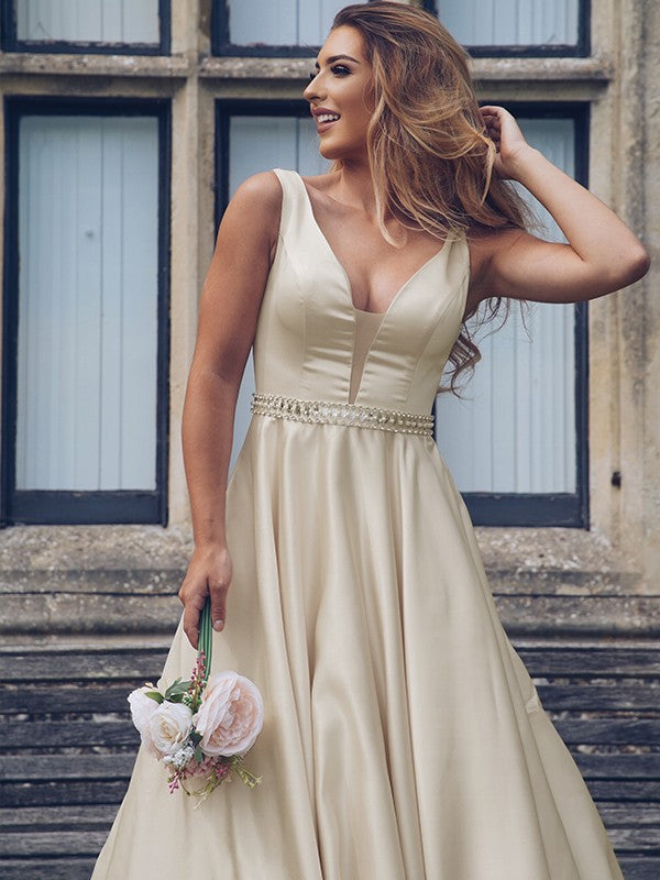 A-Line V-Neck Satin Sleeveless Train Dress - Chloe Dress