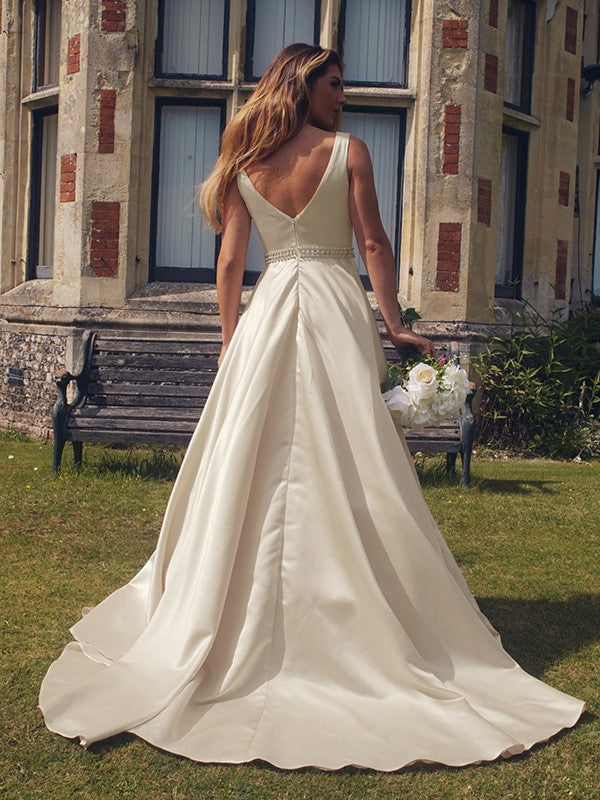 A-Line V-Neck Satin Sleeveless Train Dress - Chloe Dress