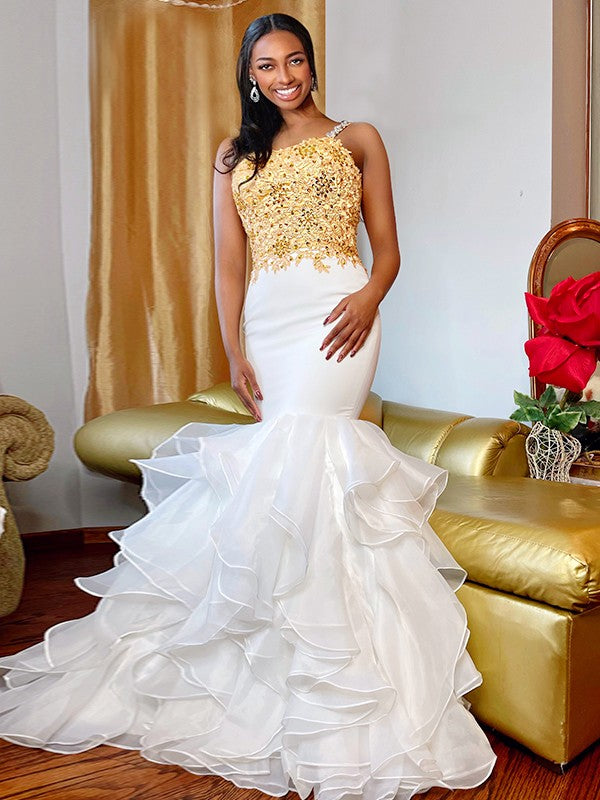 Mermaid Spaghetti Strap Organza Sleeveless Applique Floor-Length Dress - Chloe Dress