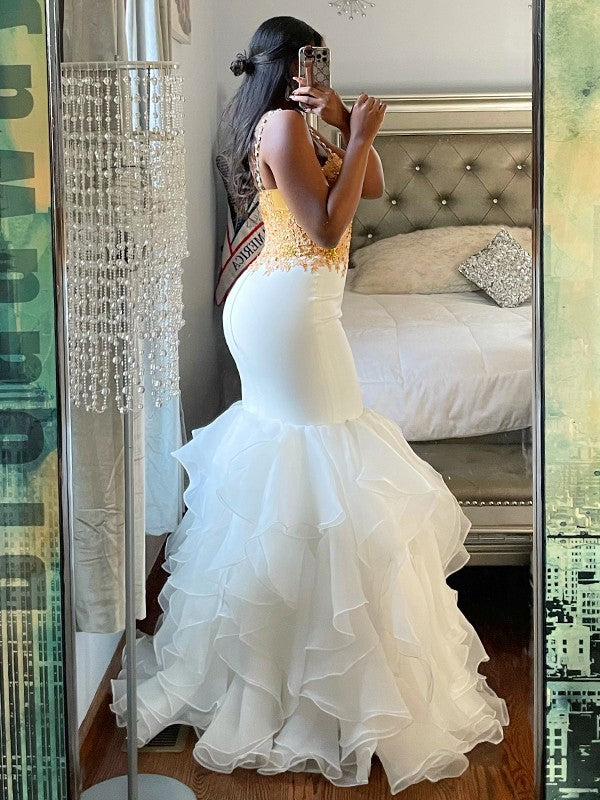 Mermaid Spaghetti Strap Organza Sleeveless Applique Floor-Length Dress - Chloe Dress