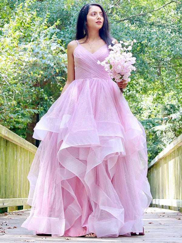 A-Line Spaghetti Strap Tulle Sleeveless Ruffled Floor-Length Dress - Chloe Dress