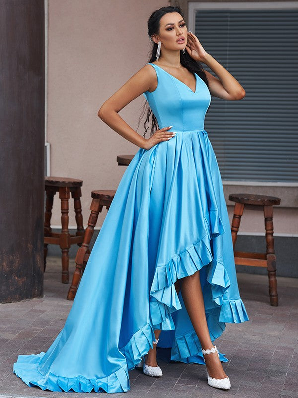 A-Line V-Neck Satin Sleeveless Ruffled Dress - Chloe Dress