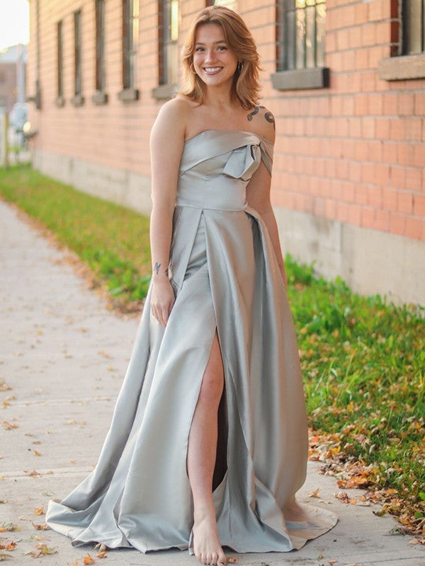 A-Line Strapless Satin Sleeveless Train Dress - Chloe Dress