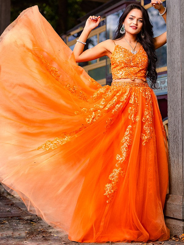 A-Line V-Neck Tulle Sleeveless Applique Floor-Length Dress - Chloe Dress