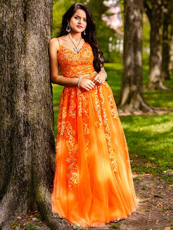 A-Line V-Neck Tulle Sleeveless Applique Floor-Length Dress - Chloe Dress