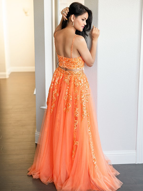A-Line V-Neck Tulle Sleeveless Applique Floor-Length Dress - Chloe Dress