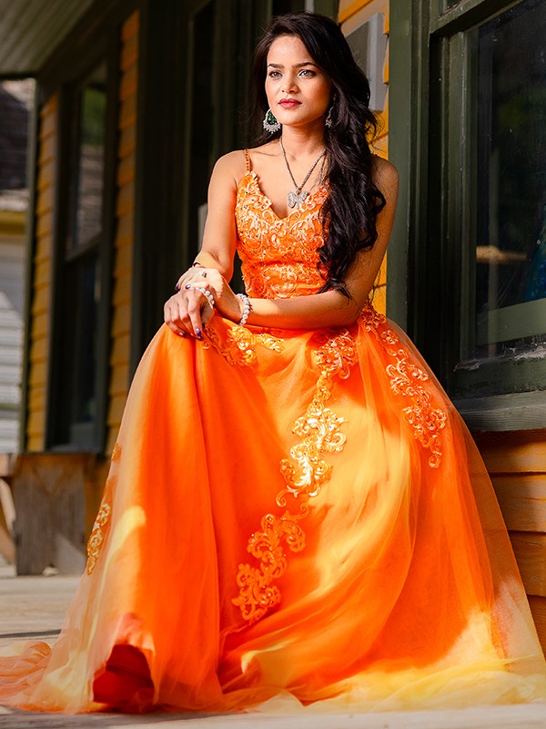 A-Line V-Neck Tulle Sleeveless Applique Floor-Length Dress - Chloe Dress
