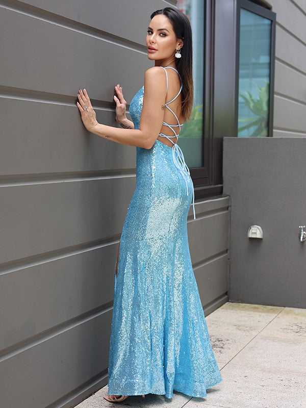 Sheath V-Neck Sequin Sleeveless Ruffled Floor-Length Dress - Chloe Dress