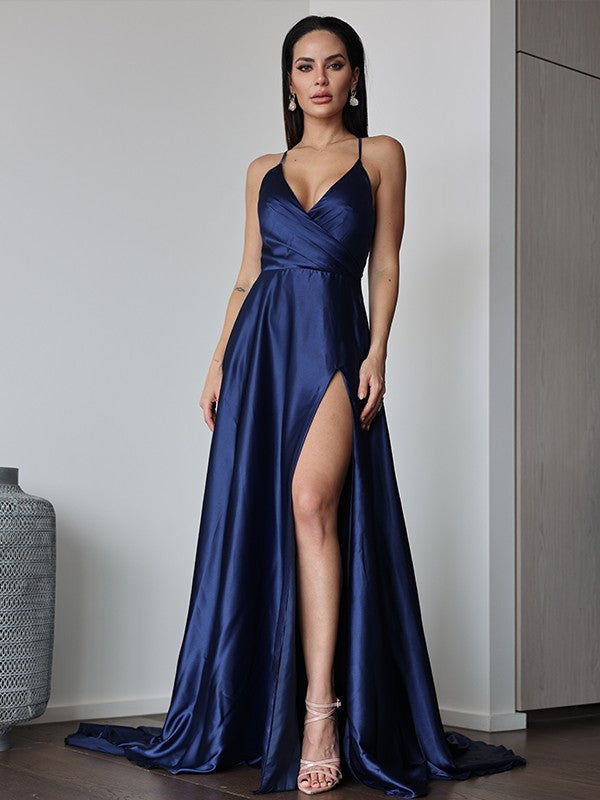 A-Line V-Neck Satin Sleeveless Train Dress - Chloe Dress