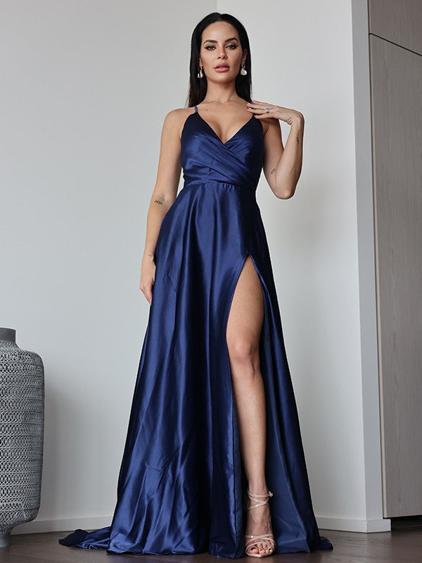 A-Line V-Neck Satin Sleeveless Train Dress - Chloe Dress