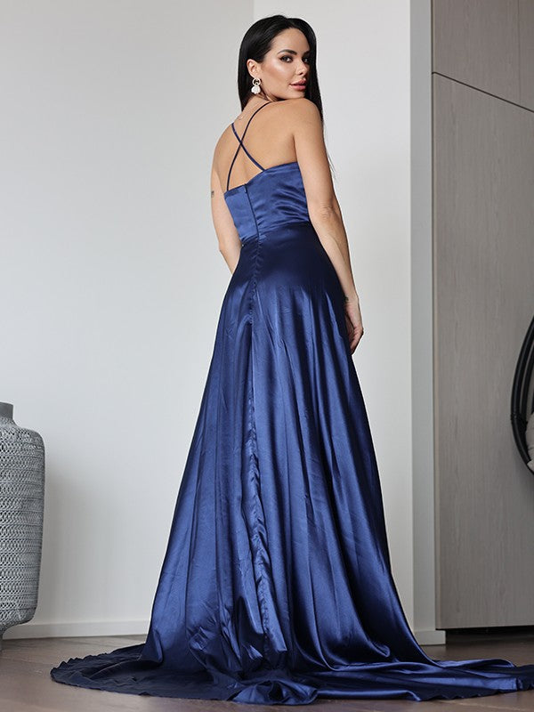 A-Line V-Neck Satin Sleeveless Train Dress - Chloe Dress