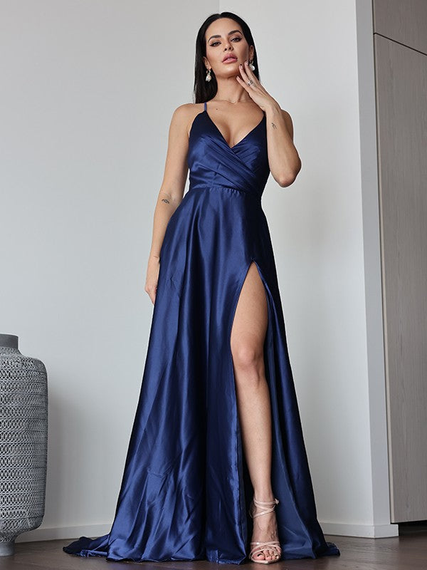A-Line V-Neck Satin Sleeveless Train Dress - Chloe Dress