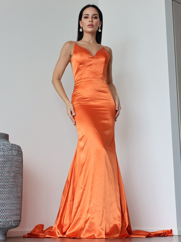 Sheath V-Neck Satin Sleeveless Train Dress - Chloe Dress