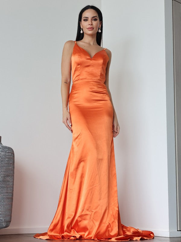 Sheath V-Neck Satin Sleeveless Train Dress - Chloe Dress