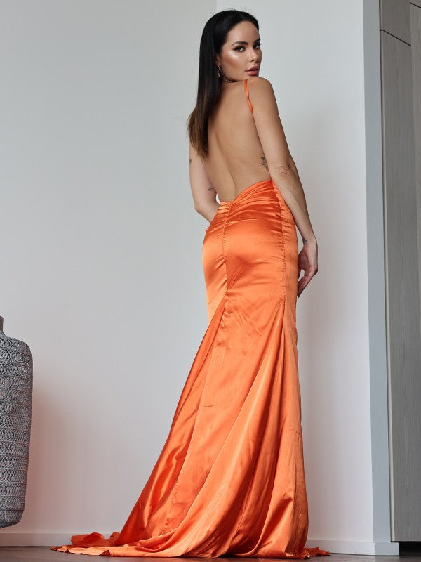 Sheath V-Neck Satin Sleeveless Train Dress - Chloe Dress