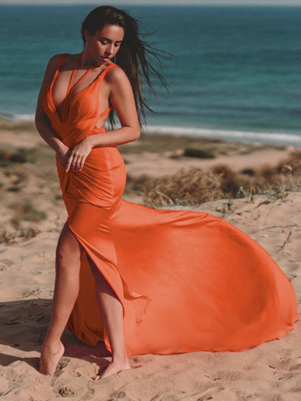 Sheath V-Neck Jersey Sleeveless Train Dress - Chloe Dress