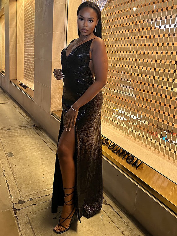 Sheath V-Neck Sequin Sleeveless Train Dress - Chloe Dress