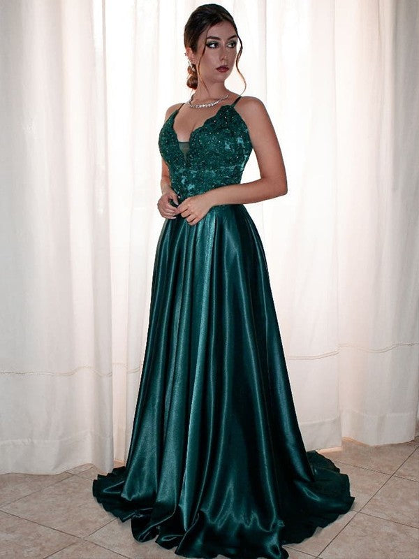 A-Line V-Neck Satin Sleeveless Train Dress - Chloe Dress
