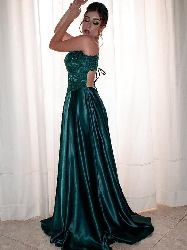 A-Line V-Neck Satin Sleeveless Train Dress - Chloe Dress