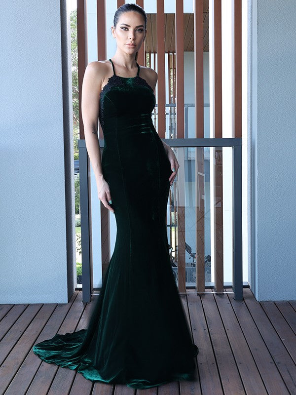 Sheath Halter Velvet Sleeveless Train Dress - Chloe Dress