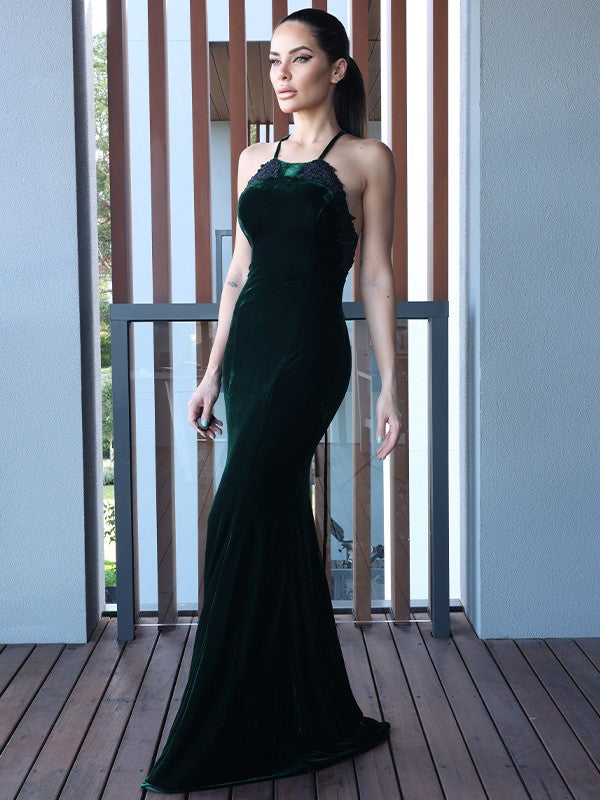 Sheath Halter Velvet Sleeveless Train Dress - Chloe Dress