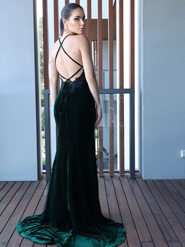 Sheath Halter Velvet Sleeveless Train Dress - Chloe Dress