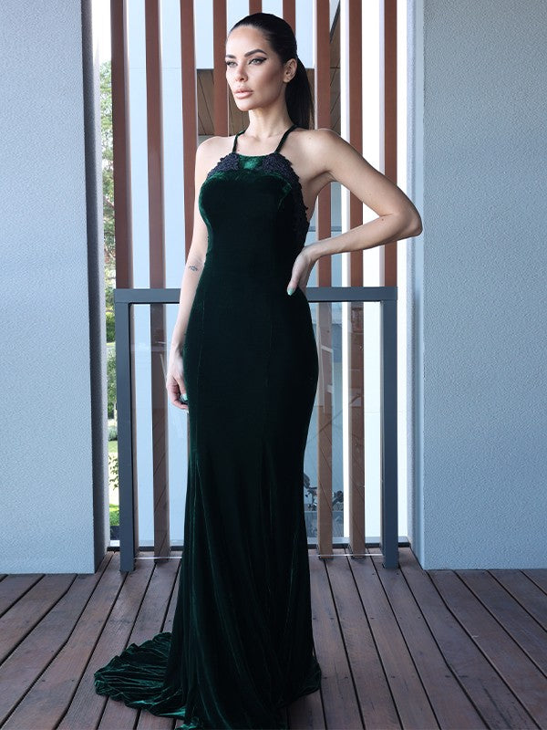 Sheath Halter Velvet Sleeveless Train Dress - Chloe Dress