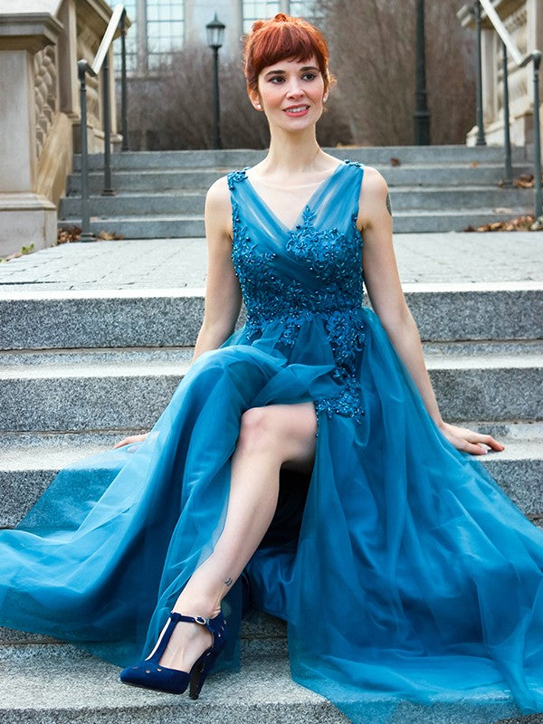 A-Line V-Neck Tulle Sleeveless Applique Floor-Length Dress - Chloe Dress