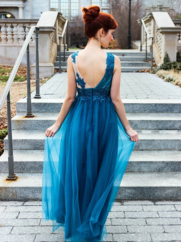 A-Line V-Neck Tulle Sleeveless Applique Floor-Length Dress - Chloe Dress