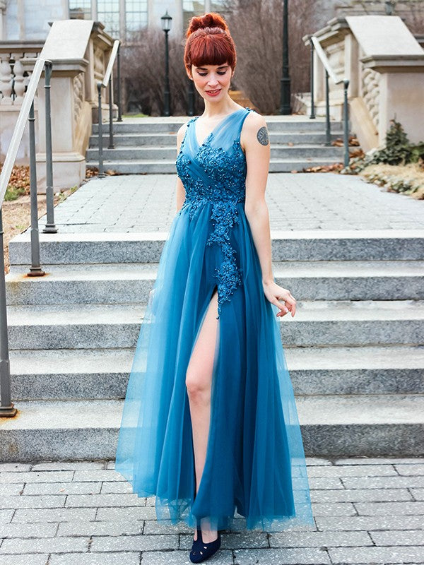 A-Line V-Neck Tulle Sleeveless Applique Floor-Length Dress - Chloe Dress