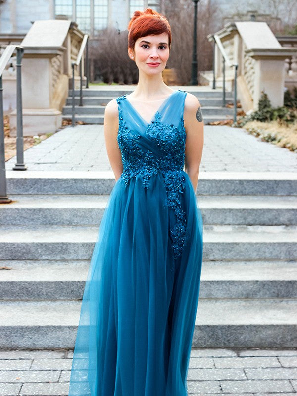 A-Line V-Neck Tulle Sleeveless Applique Floor-Length Dress - Chloe Dress