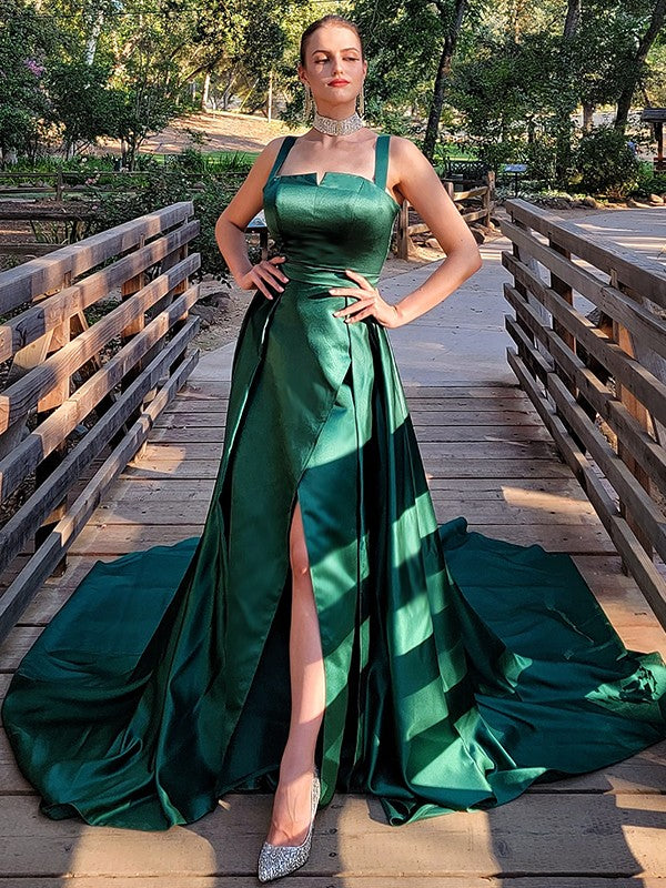 A-Line Square Neck Satin Sleeveless Train Dress - Chloe Dress