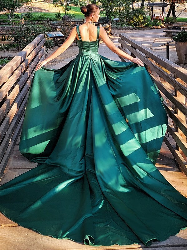 A-Line Square Neck Satin Sleeveless Train Dress - Chloe Dress