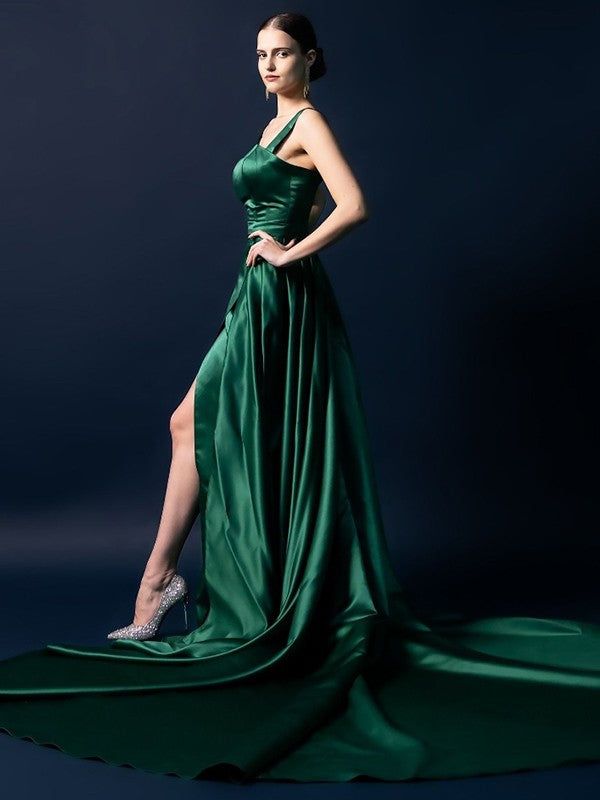 A-Line Square Neck Satin Sleeveless Train Dress - Chloe Dress