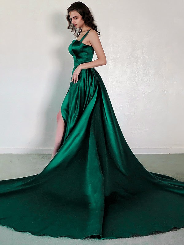 A-Line Square Neck Satin Sleeveless Train Dress - Chloe Dress