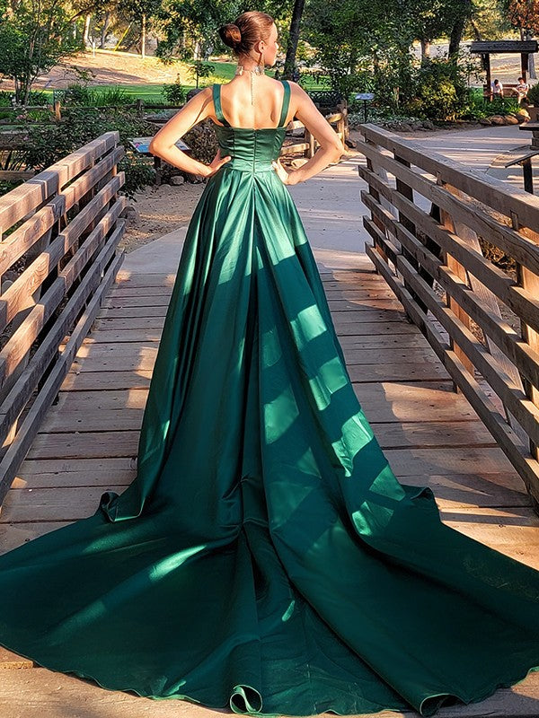 A-Line Square Neck Satin Sleeveless Train Dress - Chloe Dress