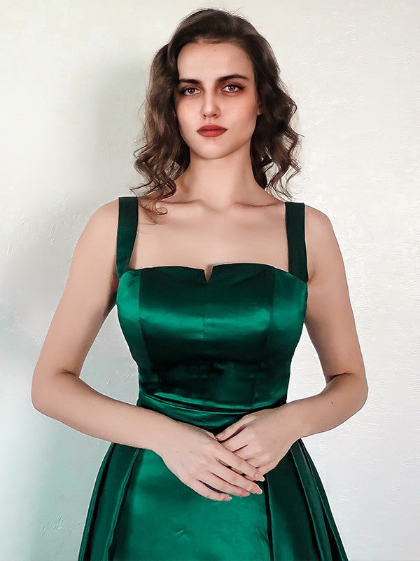 A-Line Square Neck Satin Sleeveless Train Dress - Chloe Dress