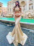 Sheath High Neck Satin Long Sleeve Train Dress - Chloe Dress