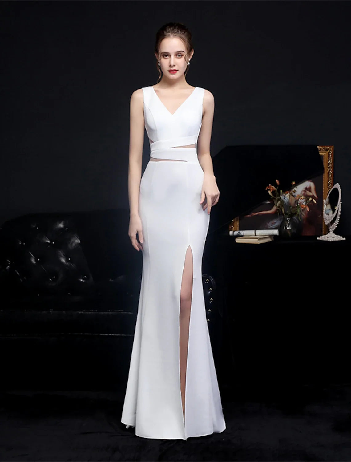 Mermaid V-Neck Polyester Sleeveless High Slit Floor-Length Prom Dress - Chloe Dress