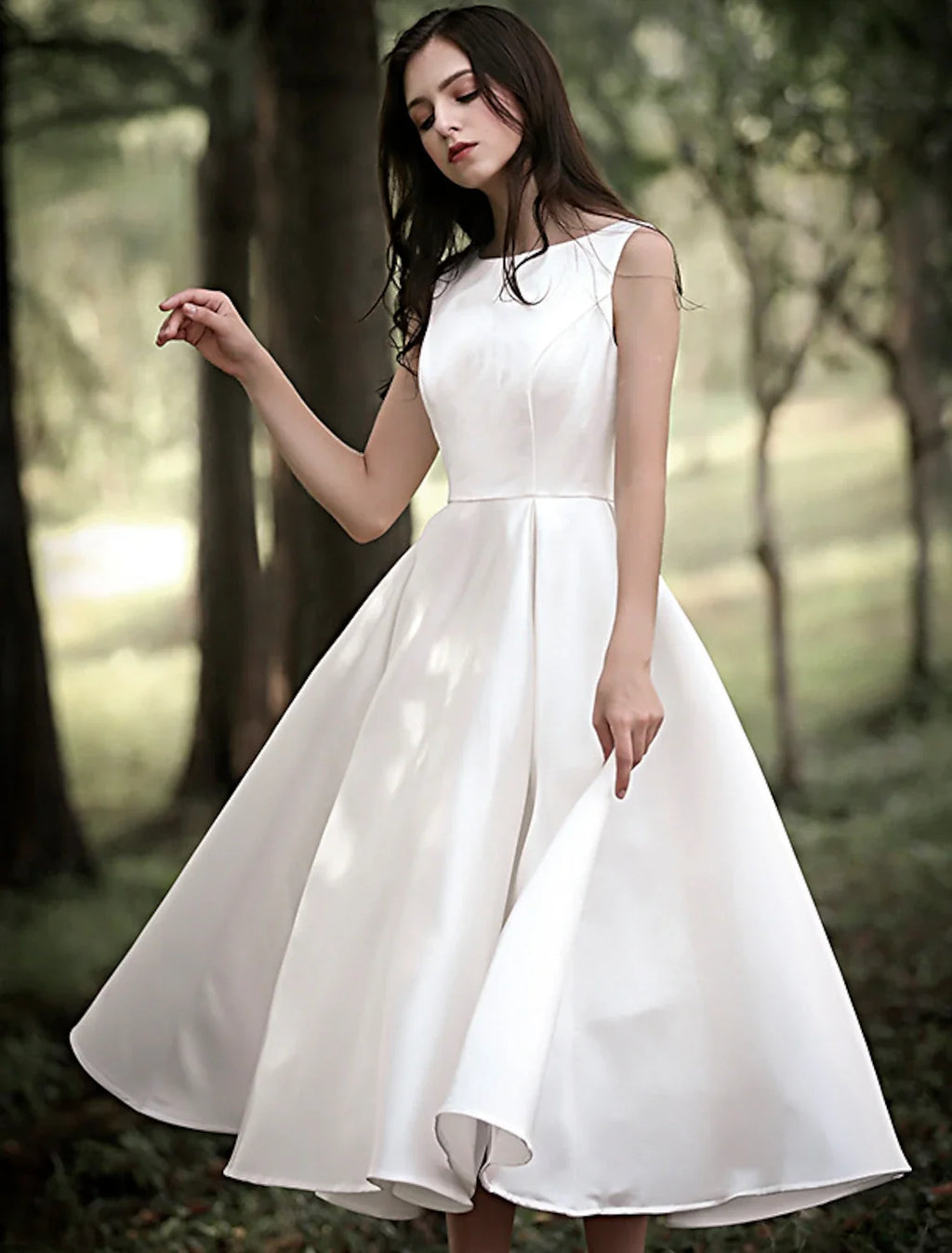 White A-Line Satin Sleeveless Tea-Length Wedding Gown - Chloe Dress