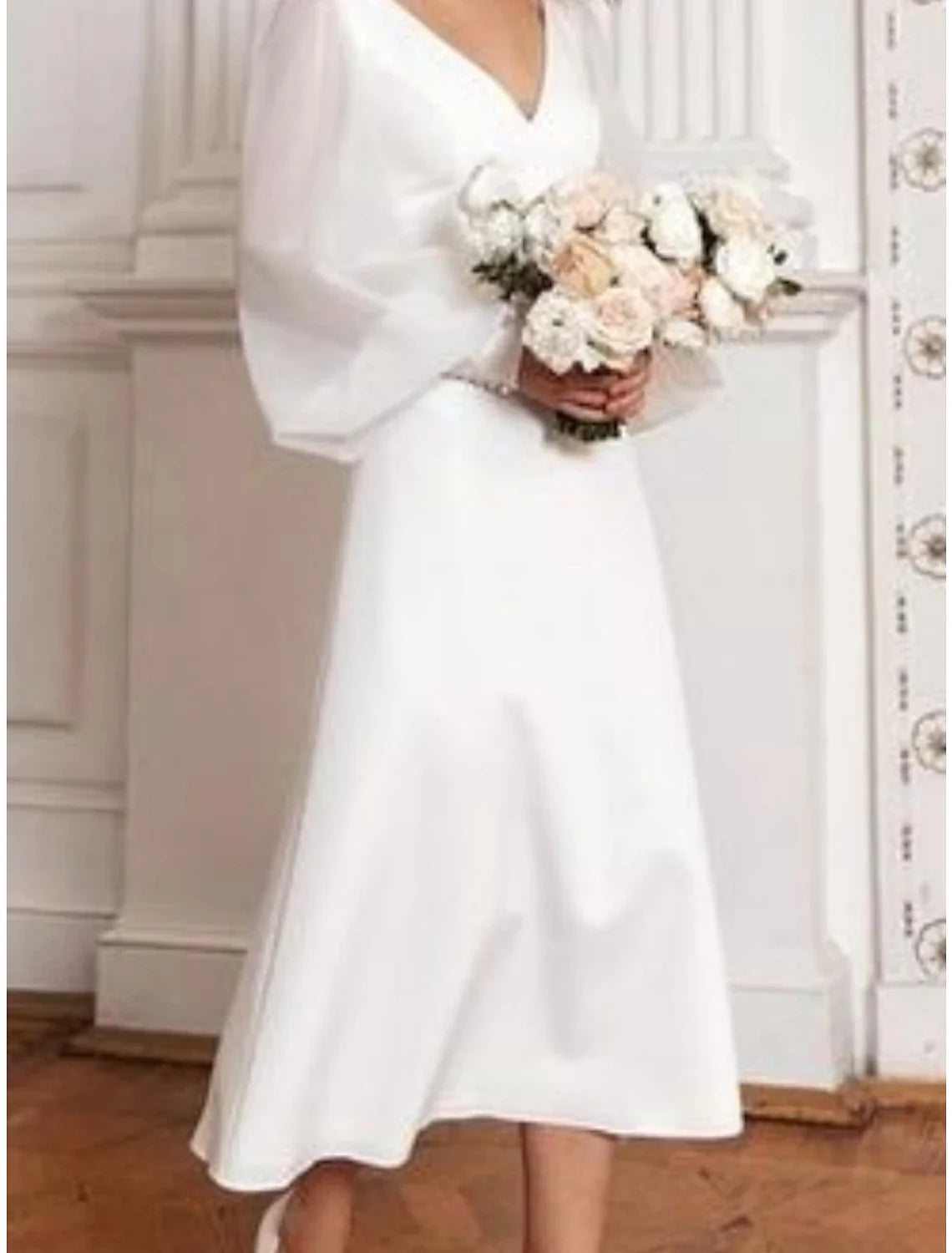 White A-Line V-Neck Satin Long Sleeve Pleated Tea-Length Wedding Gown - Chloe Dress
