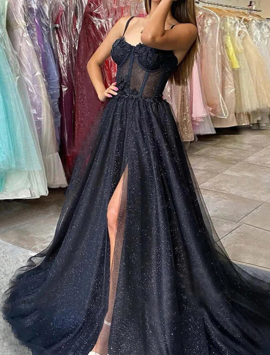 Black A-Line Sweetheart Tulle Sleeveless High Slit Floor-Length Prom Dress - Chloe Dress