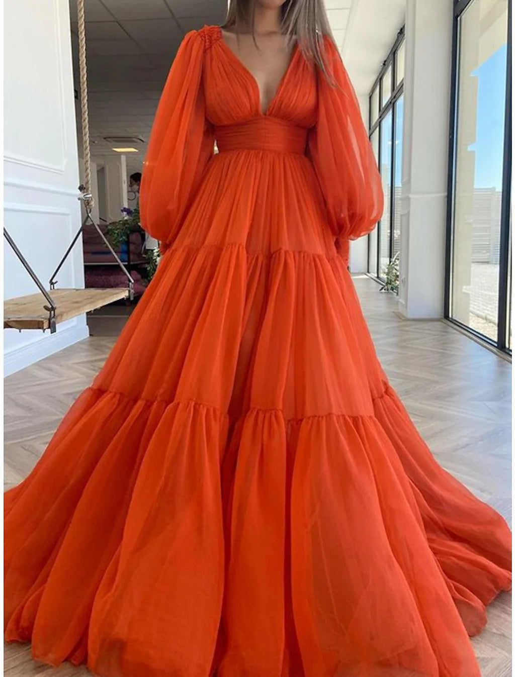 Green A-Line V-Neck Chiffon Long Sleeve Floor-Length Evening Gown - Chloe Dress