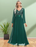 A-Line V-Neck Chiffon Long Sleeve Floor-Length Evening Gown - Chloe Dress