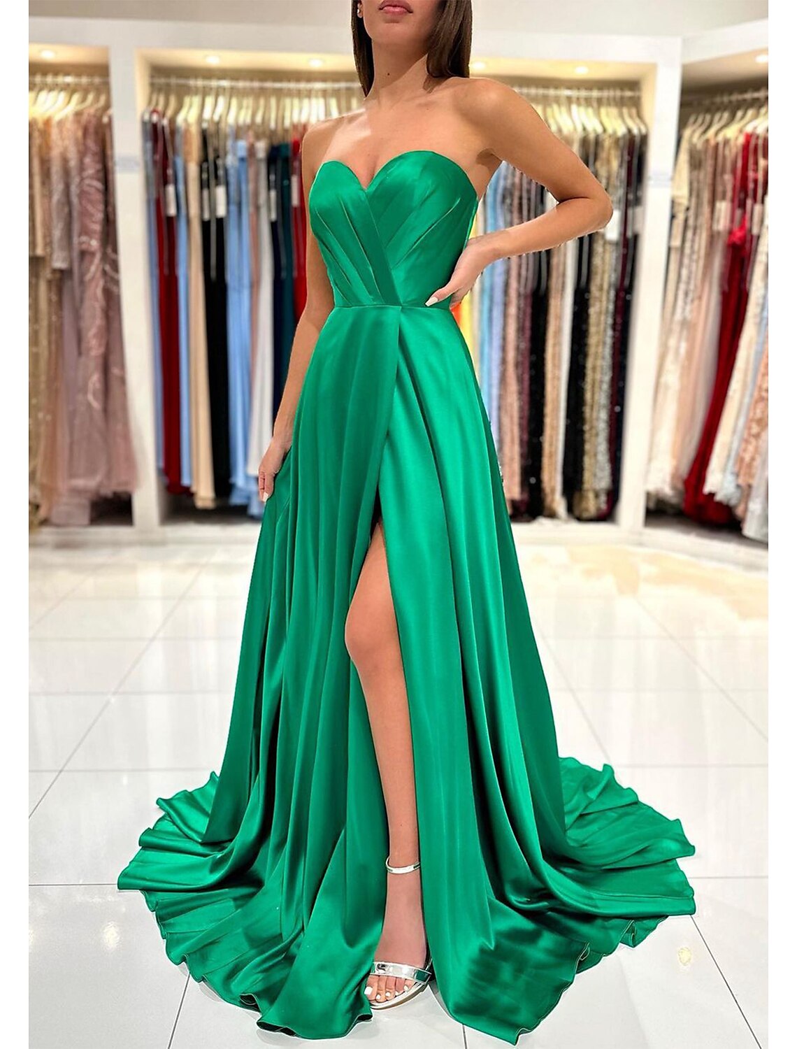 Green A-Line Sweetheart Sleeveless Backless High Slit Prom Dress - Chloe Dress