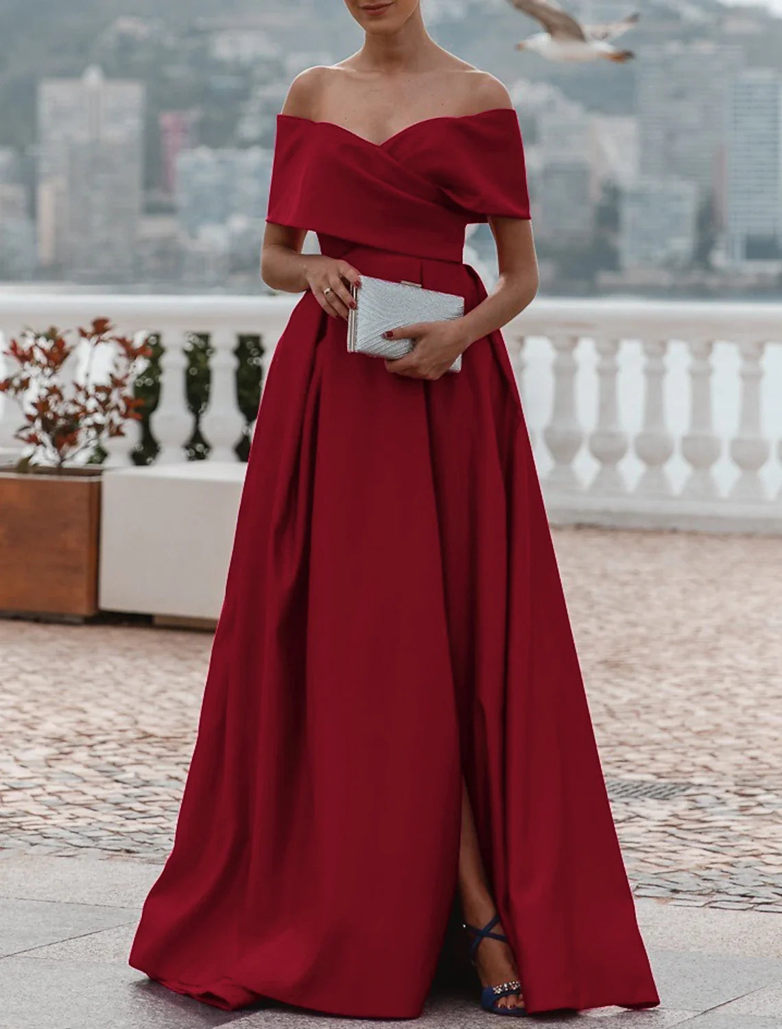 Green A-Line Off-Shoulder Satin Sleeveless High Slit Evening Gown - Chloe Dress