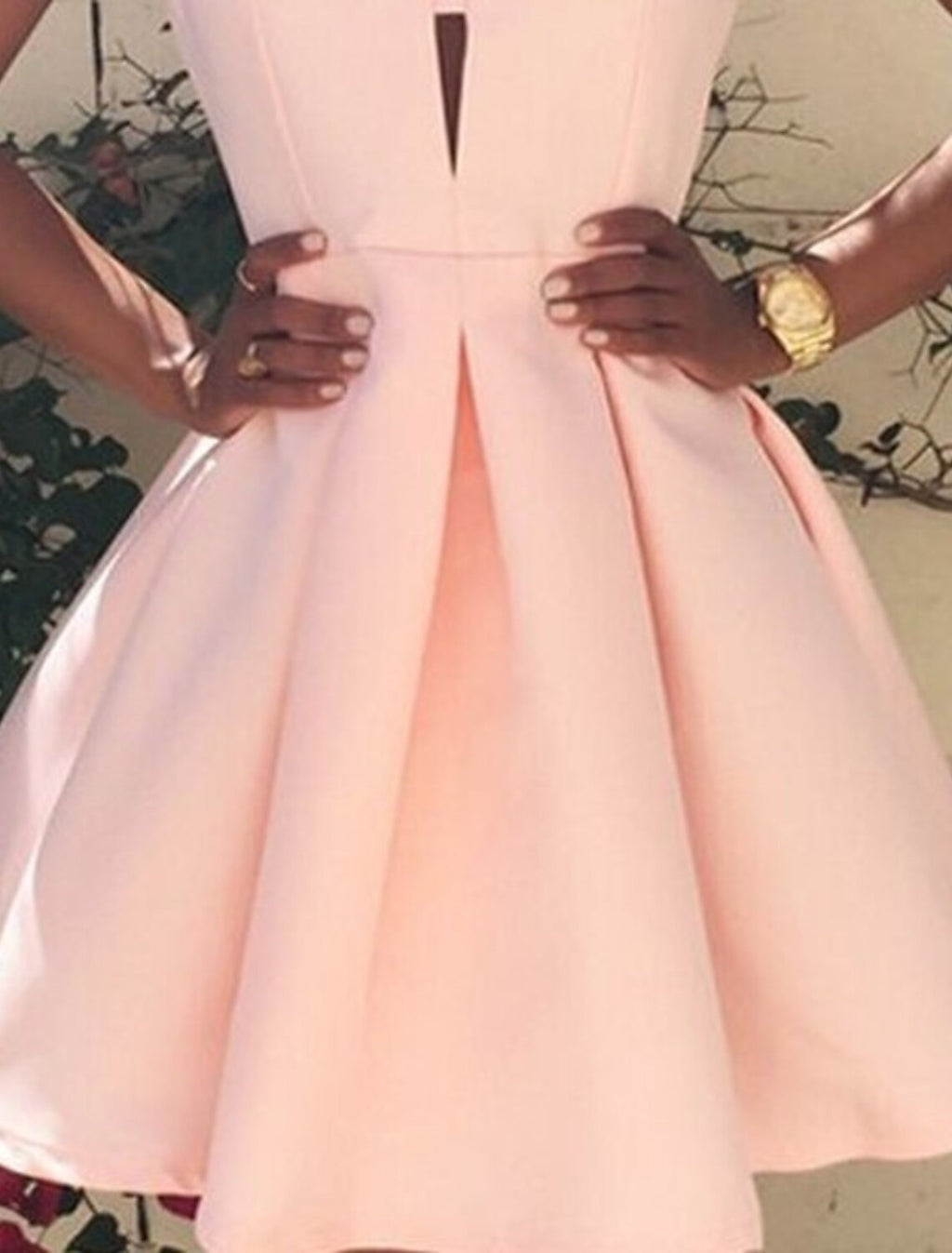 Pink A-Line V-Neck Satin Sleeveless Pleated Mini Homecoming Dress - Chloe Dress